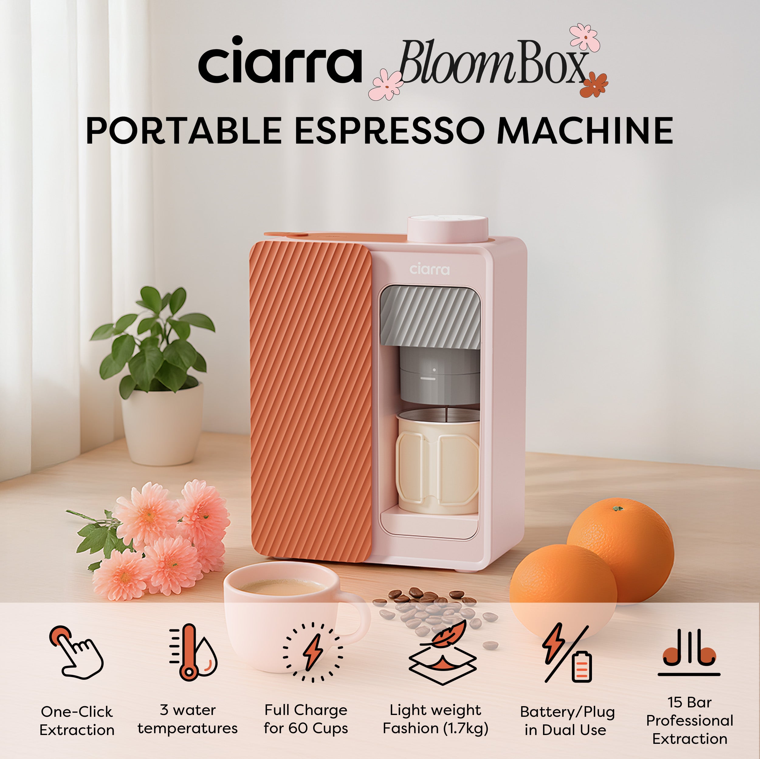 Ciarra BloomBox Cafetiere Expresso Machine à Expresso Portable 15 Bar, Écologique Sans Capsule, Maison & Extérieur