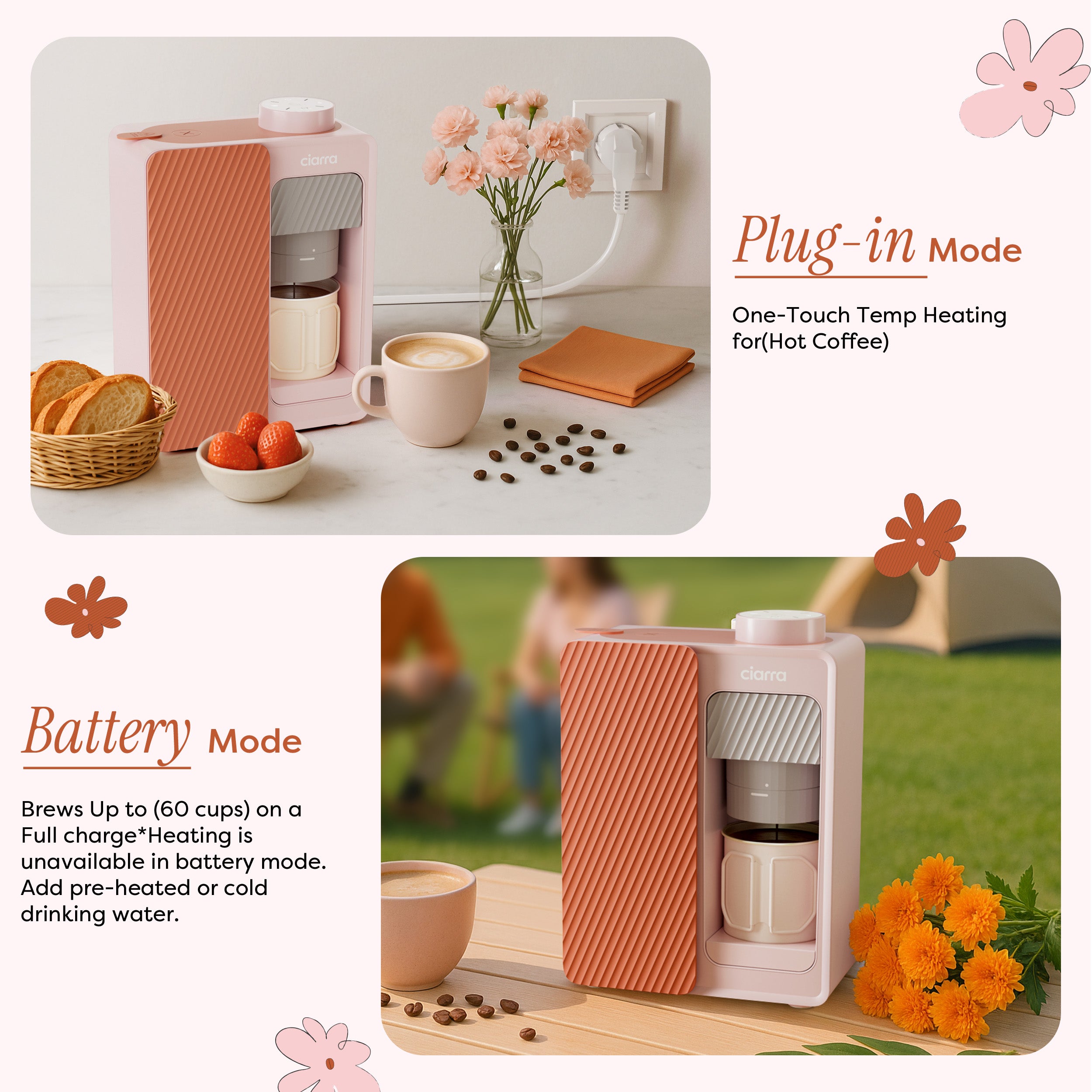 Ciarra BloomBox Cafetiere Expresso Machine à Expresso Portable 15 Bar, Écologique Sans Capsule, Maison & Extérieur