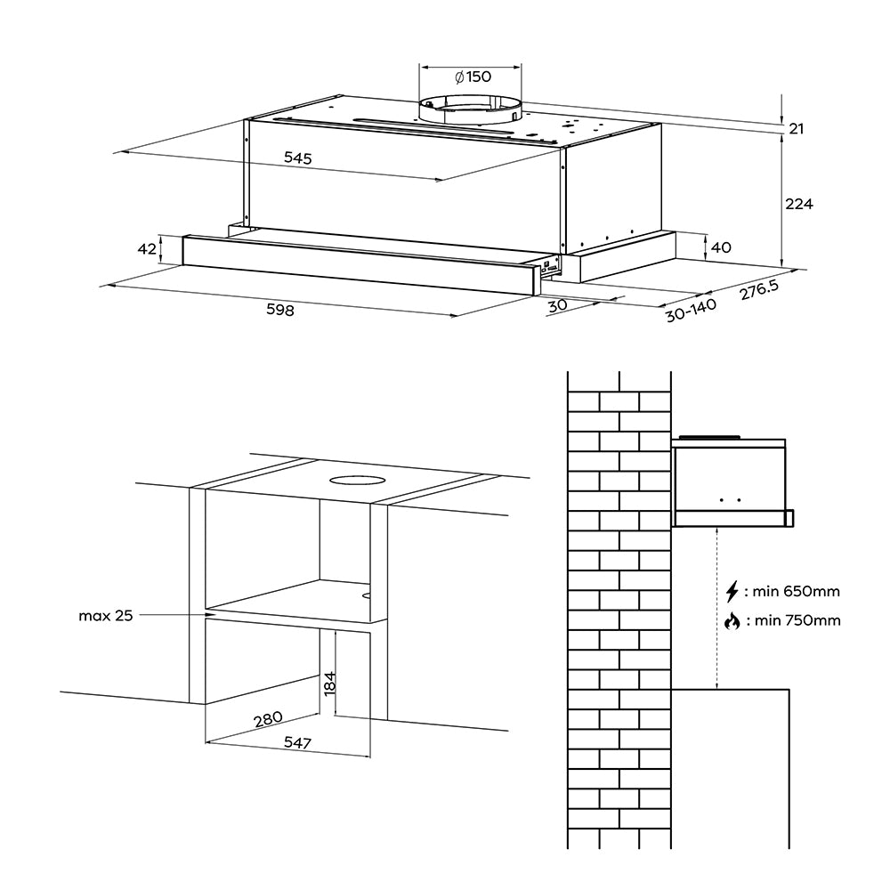 Ciarra Hotte Escamotable 60cm Hotte Tiroir Encastrable Classe A+, Tactile, LED CBCB6909A-OW