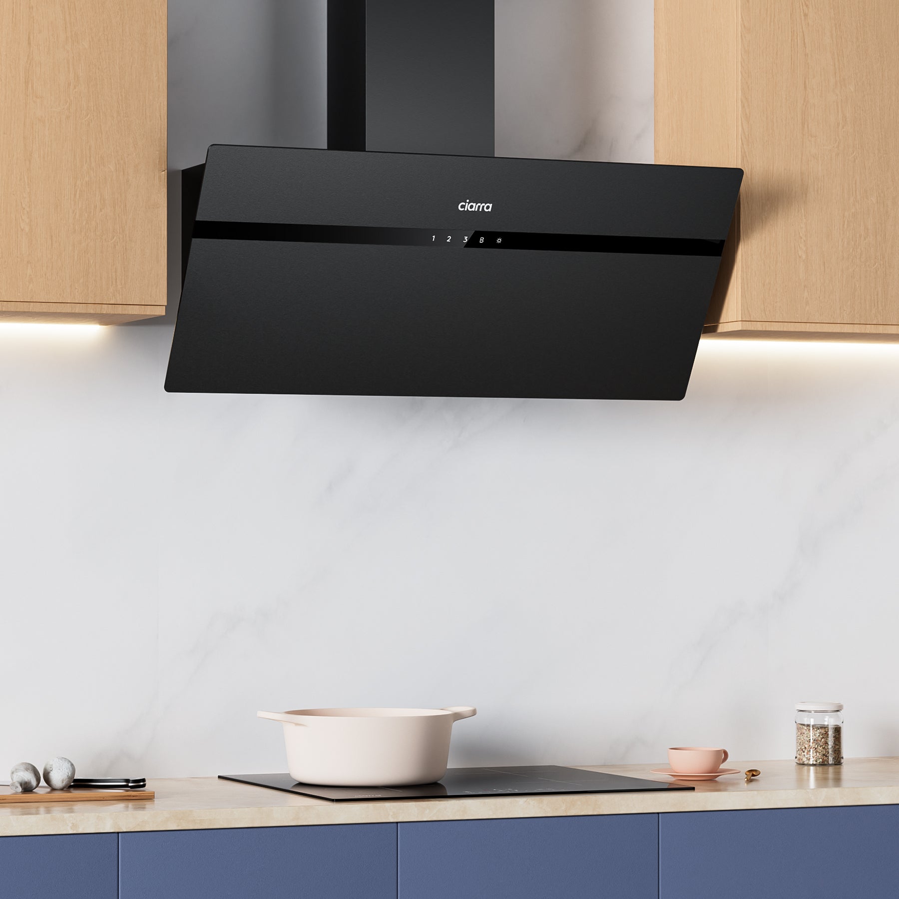 Ciarra Hotte de Cuisine en Verre Dépoli 90cm Avec Angle Anti-traces de Doigts A+++ CBCG9736H-G