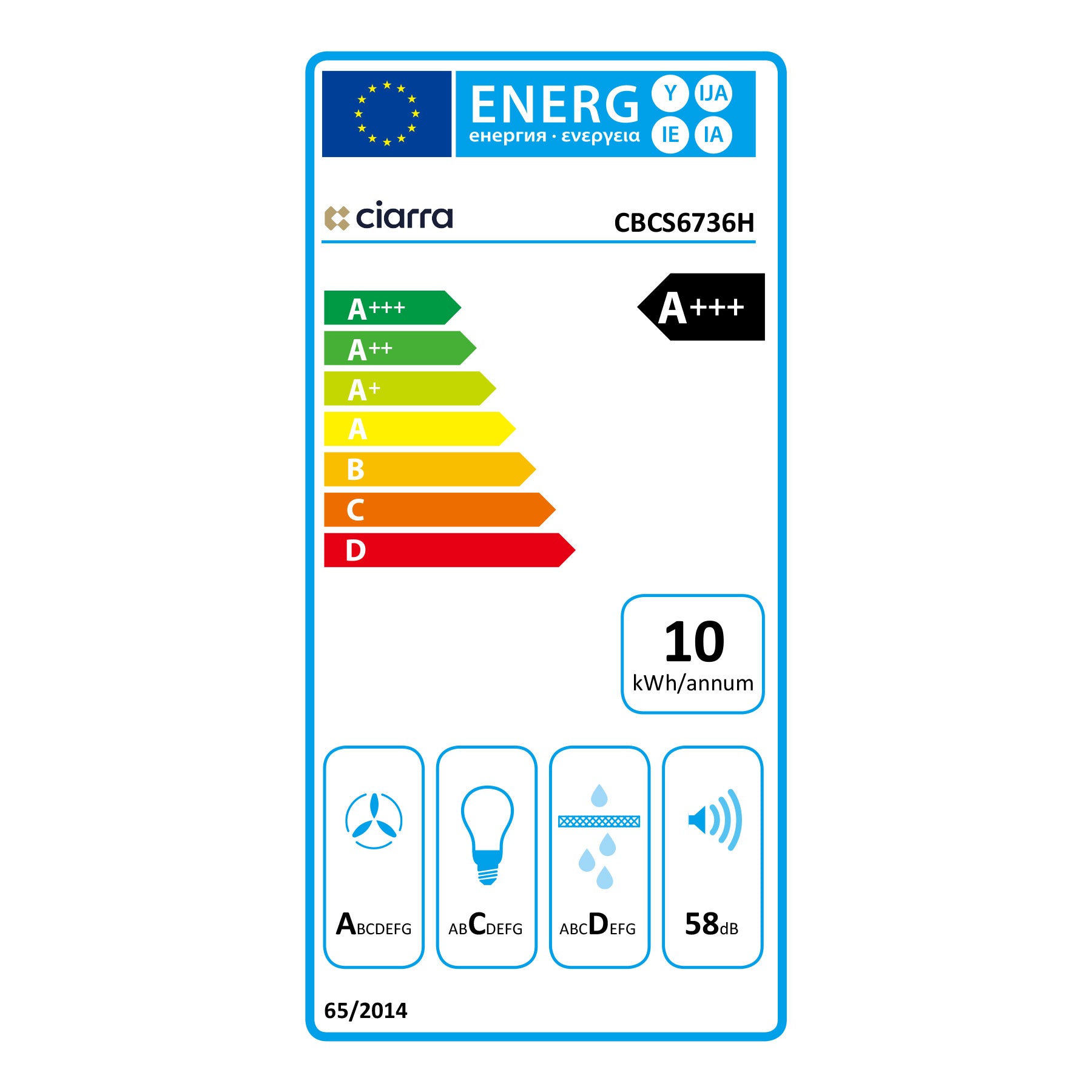 Ciarra Hotte Murale 60cm en Verre Brossé Commande App/Wi-Fi, A+++ CBCS6736H-S