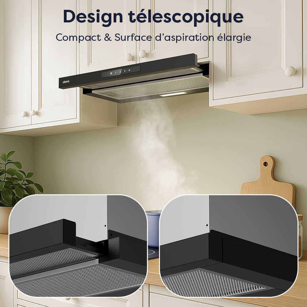 Ciarra Hotte Escamotable 60cm Hotte Tiroir Encastrable Classe A+, Tactile, LED CBCB6909A-OW