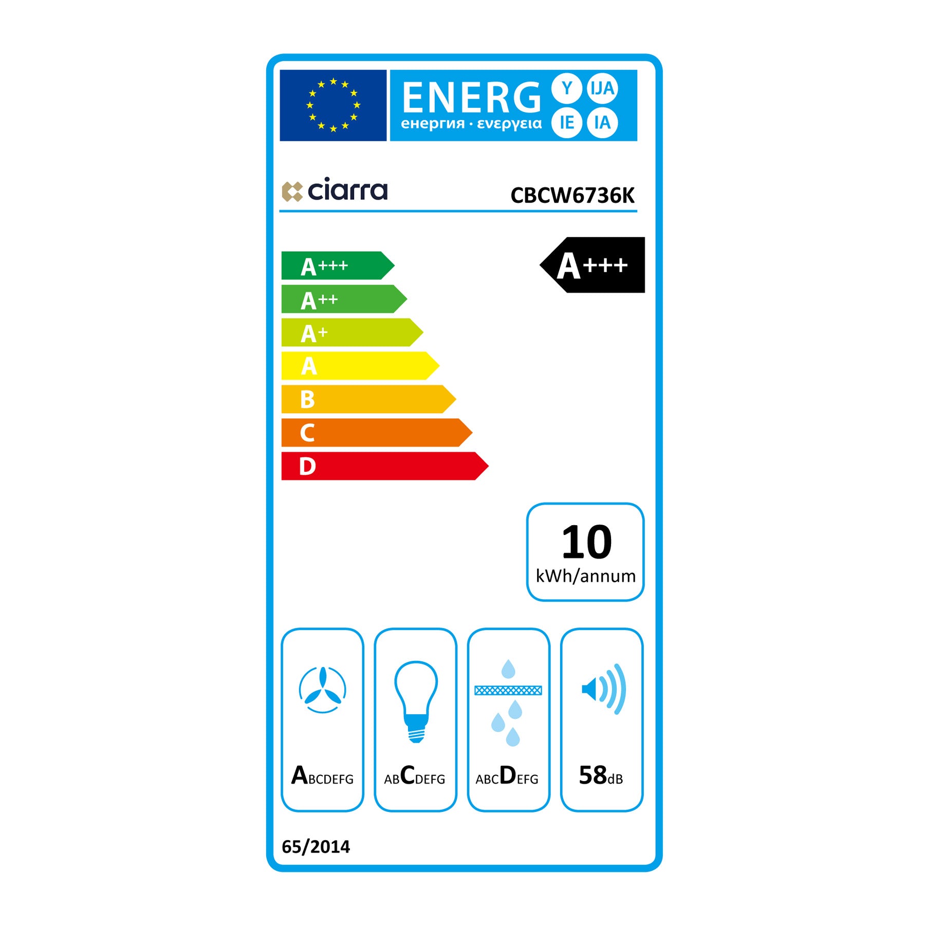 Ciarra Hotte Inclinée Contrôle WIFI+APP Classe A+++ Blanc CBCW6736K-OW