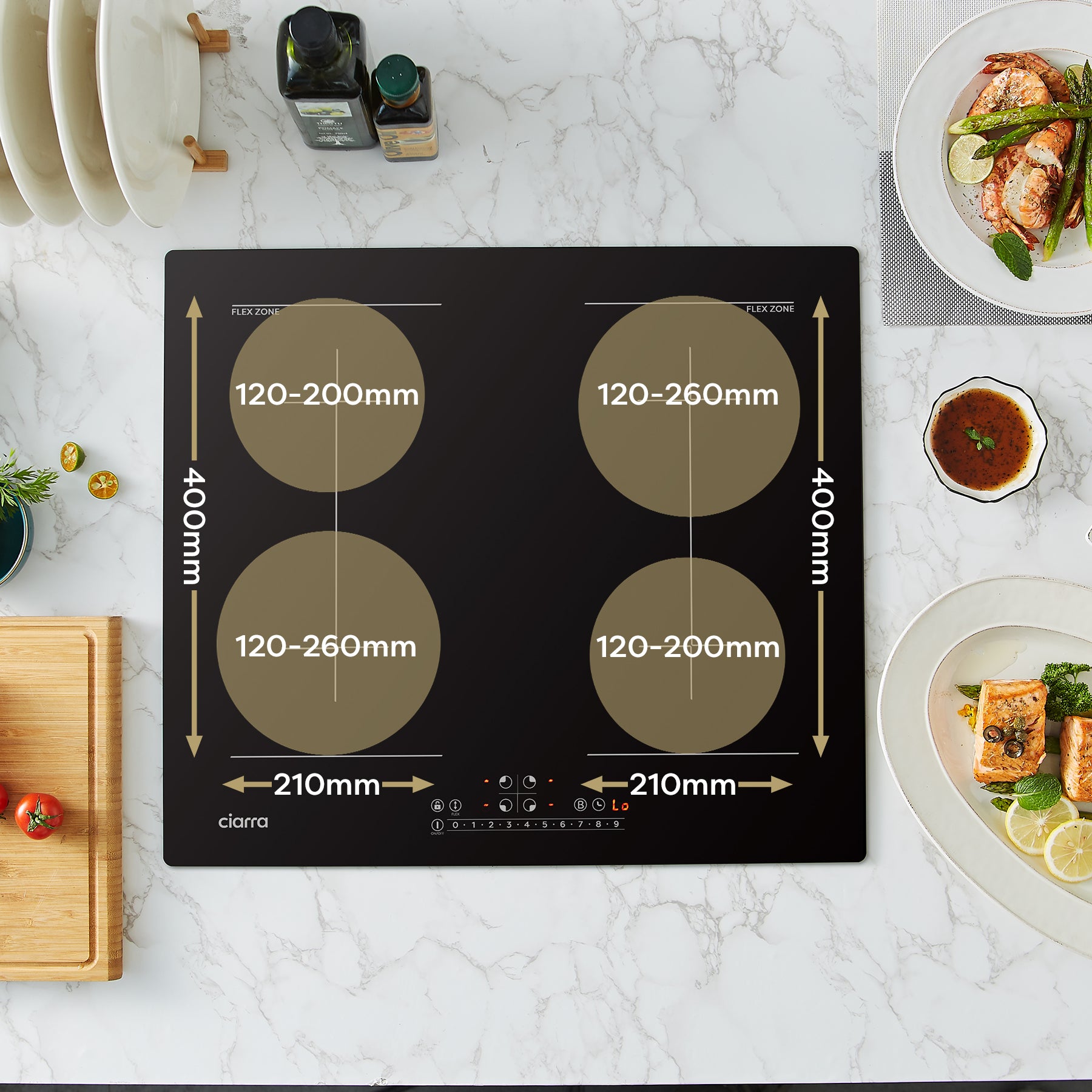 CIARRA Plaque à Induction 7200W 2 Flex Zones Function Boosters CBBIH4BFF-OW