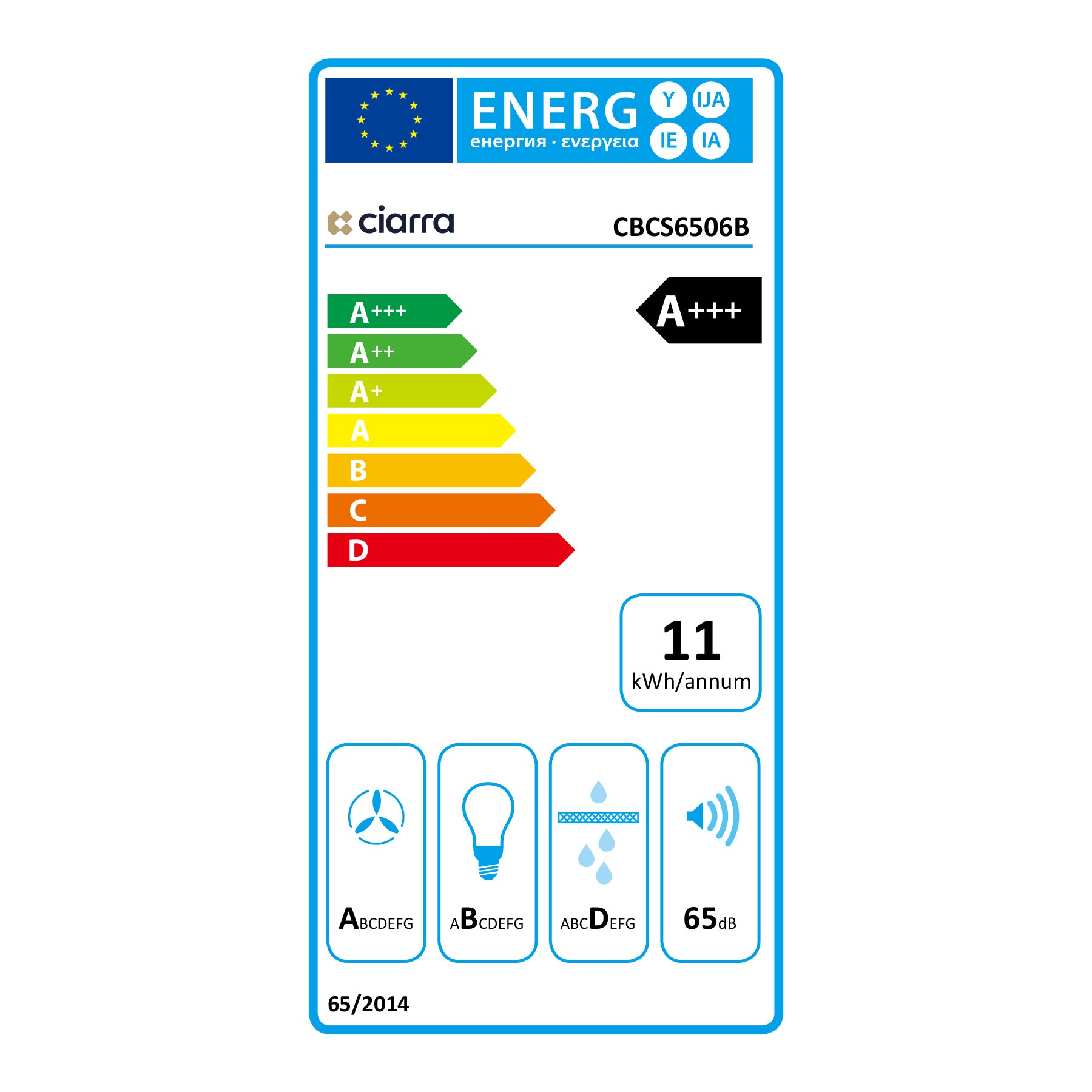 Ciarra A+++ Hotte Murale 60cm 650m³/h Verre Inox CBCS6506B-OW