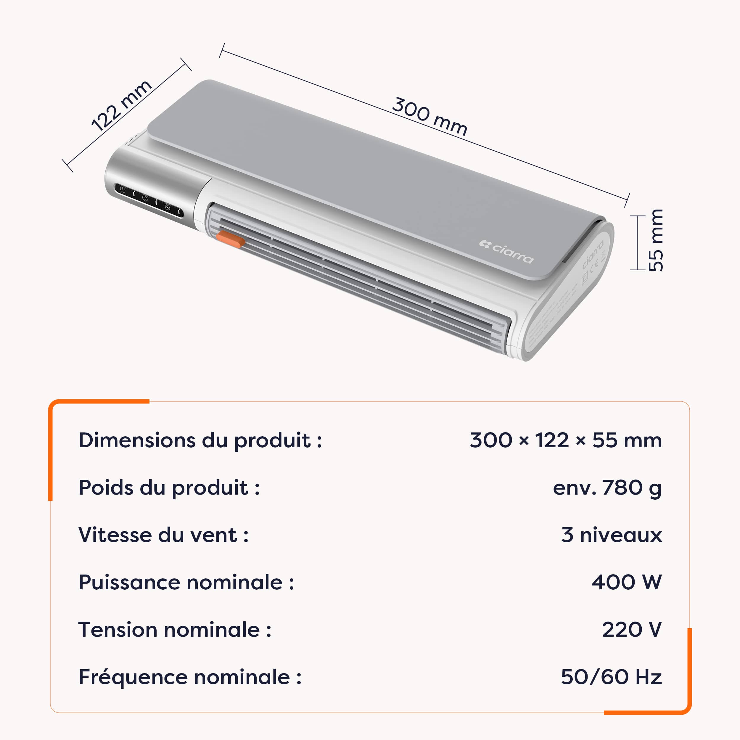 Ciarra Radiateur d appoint Chauffage Ceramique & Ventilateur 2-en-1 | Ultra Fin, 3 Vitesses de Ventilation, Arrêt Automatique, Coque Anti-brûlure