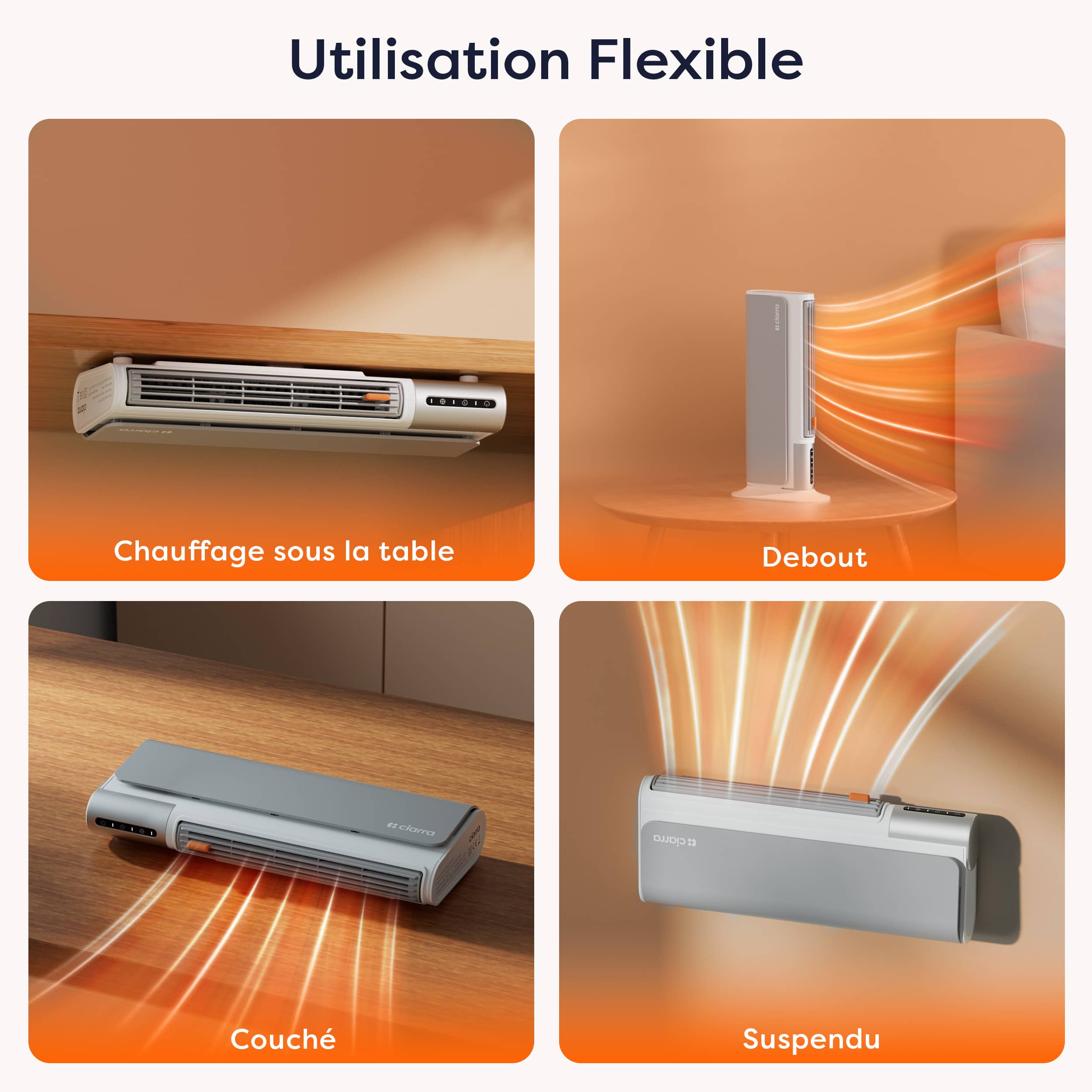 Ciarra Radiateur d appoint Chauffage Ceramique & Ventilateur 2-en-1 | Ultra Fin, 3 Vitesses de Ventilation, Arrêt Automatique, Coque Anti-brûlure