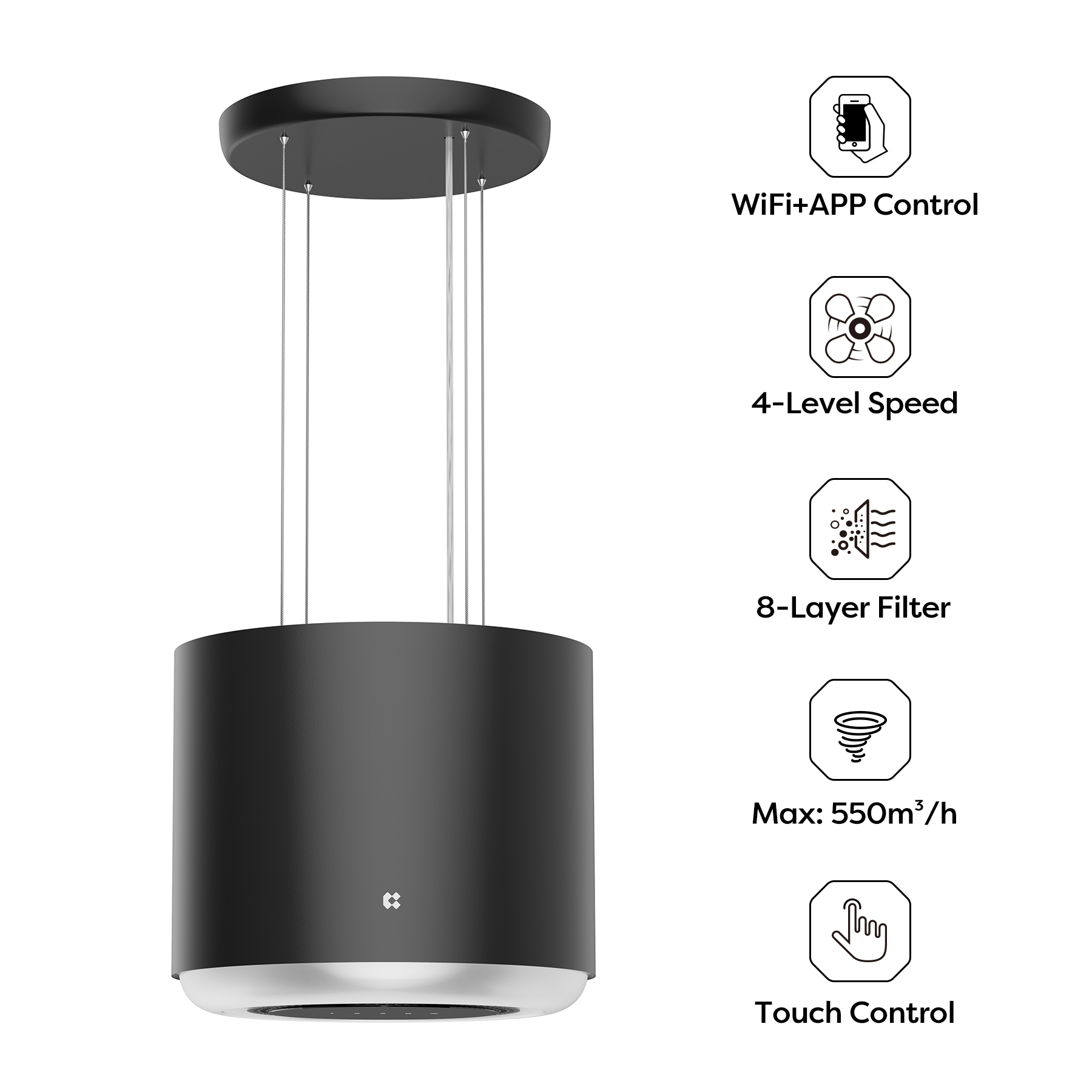 Ciarra Hotte Îlot Contrôle WIFI+APP Classe A+ Noir CBCB4838-OW