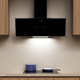 Ciarra Hotte 90cm aspirante inclinée en verre noir, 550 m³/h, contrôle gestuel, bande LED, classe énergétique A+, murale CRGB9765D