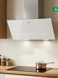 Ciarra Hotte Inclinée 90cm – A+++, Double Mode Recyclage/Évacuation, Verre Blanc & Inox, Connectée | CBCW9763A