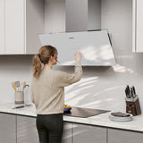 Ciarra Hotte Inclinée 90cm – A+++, Double Mode Recyclage/Évacuation, Verre Blanc & Inox, Connectée | CBCW9763A