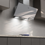 Ciarra Hotte Inclinée 90cm – A+++, Double Mode Recyclage/Évacuation, Verre Blanc & Inox, Connectée | CBCW9763A